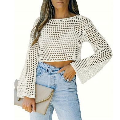 Womens Fishnet Crochet Crop Top Long Sleeve See Through Hollow Out Mesh Bikini Cover Ups