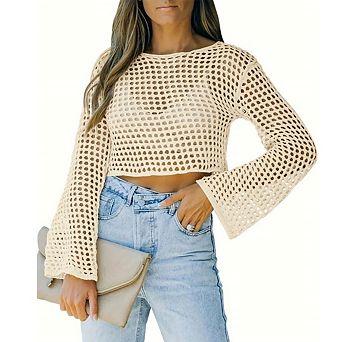 Womens Fishnet Crochet Crop Top Long Sleeve See Through Hollow Out Mesh Bikini Cover Ups