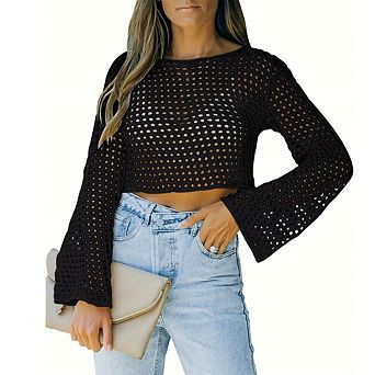 Womens Fishnet Crochet Crop Top Long Sleeve See Through Hollow Out Mesh Bikini Cover Ups
