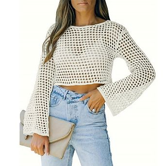 Womens Fishnet Crochet Crop Top Long Sleeve See Through Hollow Out Mesh Bikini Cover Ups
