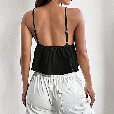 Women's Square Neck Adjustable Spaghetti Strap Tie Front Peplum Crop Top