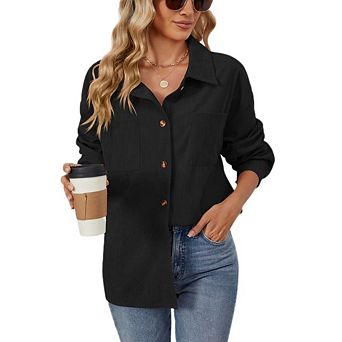 Womens Casual Long Sleeve Button Down Shirts Corduroy Boyfriend Blouse Lightweight Loose Jacket Top