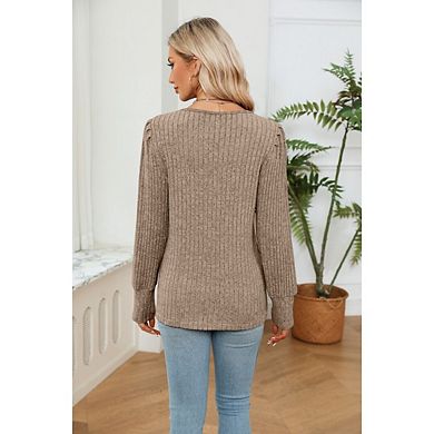 Women's Long Sleeve Tops Trendy Lace V Neck Knit Casual Lightweight Pullover Blouse