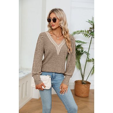 Women's Long Sleeve Tops Trendy Lace V Neck Knit Casual Lightweight Pullover Blouse