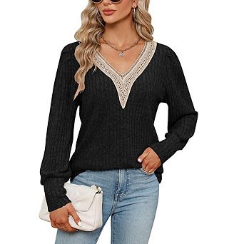 Women's Long Sleeve Tops Trendy Lace V Neck Knit Casual Lightweight Pullover Blouse