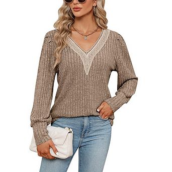 Women's Long Sleeve Tops Trendy Lace V Neck Knit Casual Lightweight Pullover Blouse