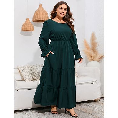 Women Plus Size Fall Long Sleeve Maxi Dress Crew Neck Tiered Ruffle Flowy Long Dresses with Pockets