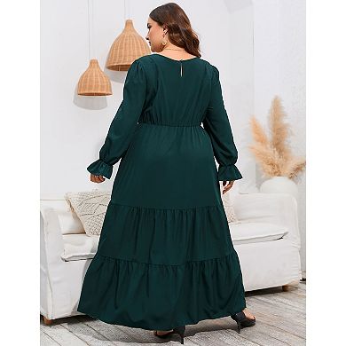 Women Plus Size Fall Long Sleeve Maxi Dress Crew Neck Tiered Ruffle Flowy Long Dresses with Pockets