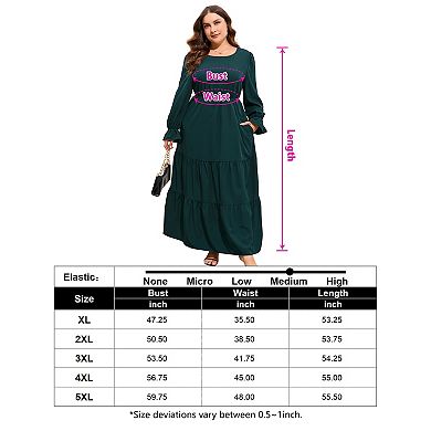 Women Plus Size Fall Long Sleeve Maxi Dress Crew Neck Tiered Ruffle Flowy Long Dresses with Pockets