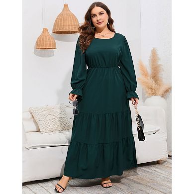 Women Plus Size Fall Long Sleeve Maxi Dress Crew Neck Tiered Ruffle Flowy Long Dresses with Pockets