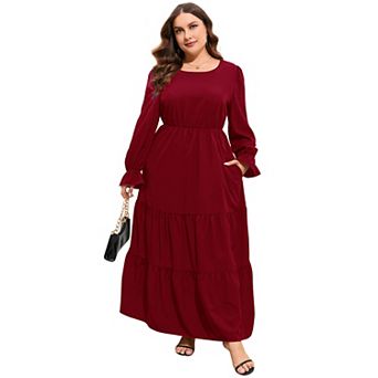 Women Plus Size Fall Long Sleeve Maxi Dress Crew Neck Tiered Ruffle Flowy Long Dresses with Pockets