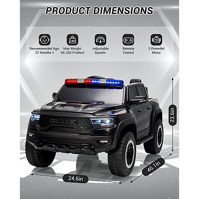 Licensed RAM 12V Kids Ride On Truck, Remote Control Pickup, LED Lights, Music