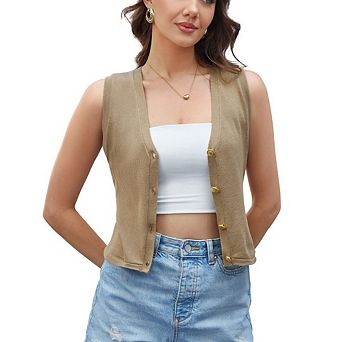 Womens Sleeveless Sweater Vest Knit V Neck Button Fashion Casual Loose Waistcoat Cardigan