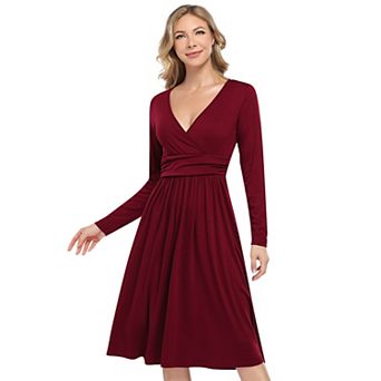 V Neck Casual Dress Long Sleeve Empire Waist Wrap Midi Party Dresses