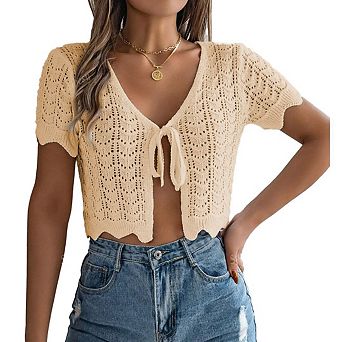 Women's Summer Short Sleeve Crochet Tie Front Open Knit Cropped Cardigan Lightweight Cover Up