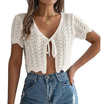 Women's Summer Short Sleeve Crochet Tie Front Open Knit Cropped Cardigan Lightweight Cover Up