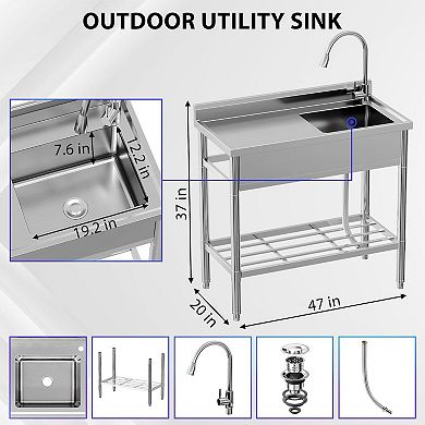 Utility Sink 47x20x37 Inch Freestanding Single Bowl Sink with Cold and Hot Water Pipe