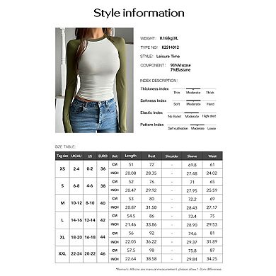 Women's Long Sleeved Contrasting Color Slim Fit Elastic Round Neck Shirt Micro Cut Top