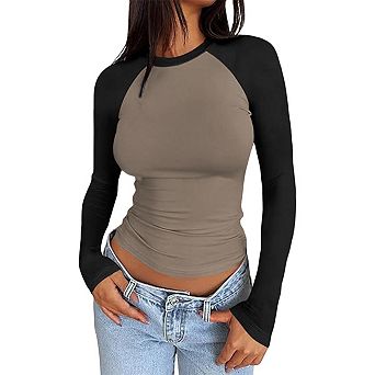 Women's Long Sleeved Contrasting Color Slim Fit Elastic Round Neck Shirt Micro Cut Top