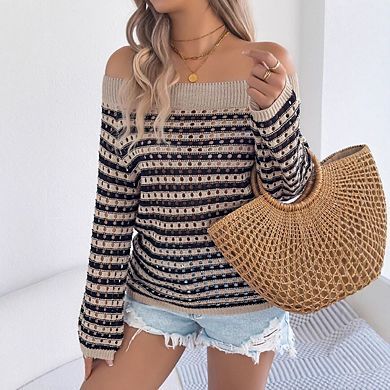 Womens Sweater Color Block Off The Shoulder Pullover Sweaters Cable Knit Chunky Striped Tops