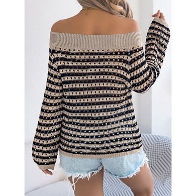 Womens Sweater Color Block Off The Shoulder Pullover Sweaters Cable Knit Chunky Striped Tops