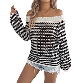 Womens Sweater Color Block Off The Shoulder Pullover Sweaters Cable Knit Chunky Striped Tops