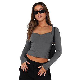 Women's Long Sleeve Going Out Tops Pleated Bustier Shirt Cute Sweetheart Neck Y2K Cropped Top