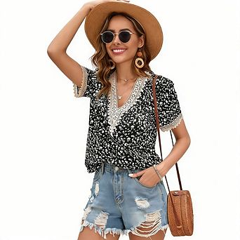 Womens Dressy Casual Short Sleeve Blouse V Neck Lace Shirts Floral Shirts Summer Tops Vacation
