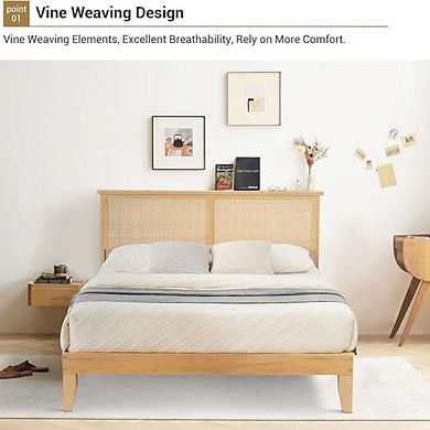 Rattan Bed Frame Queen Size, Natural Rattan Storage Headboard with Adjustable LED Lights