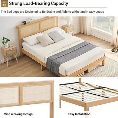 Rattan Bed Frame Queen Size, Natural Rattan Storage Headboard with Adjustable LED Lights