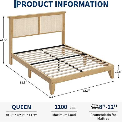 Rattan Bed Frame Queen Size, Natural Rattan Storage Headboard with Adjustable LED Lights