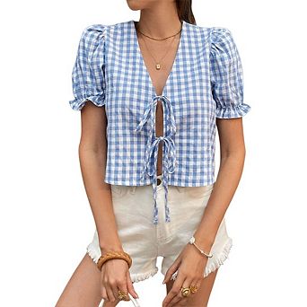 Women Tie Front Tops Puff Sleeve Babydoll Shirts Collar Coquette Blouses Cute Going Out Tops
