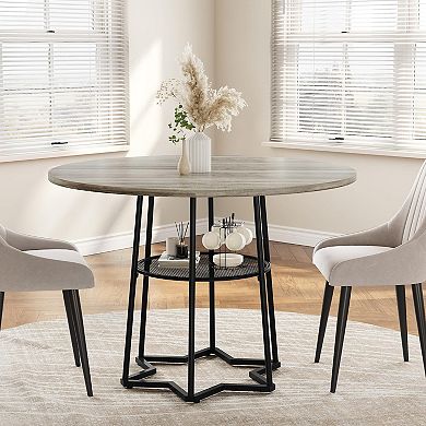 Round Dining Table for 4, 38.6 Inch Wood Dining Room Table with Storage Shelf