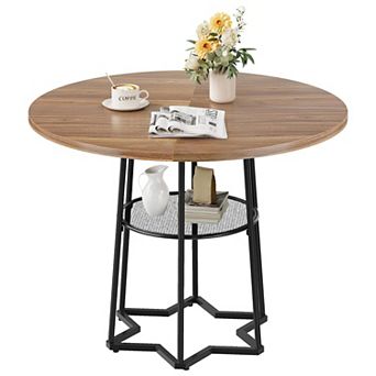 Round Dining Table for 4, 38.6 Inch Wood Dining Room Table with Storage Shelf