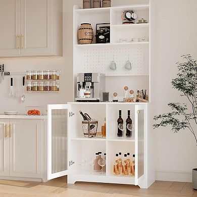 71" Pantry Cabinet with 2 Glass Doors, Freestanding Kitchen Storage Cabinet with Adjustable Shelves