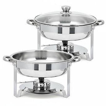 2 pc Stainless Steel Round Chafing Dish Set with Glass Lid, Buffet Food Warmer Complete