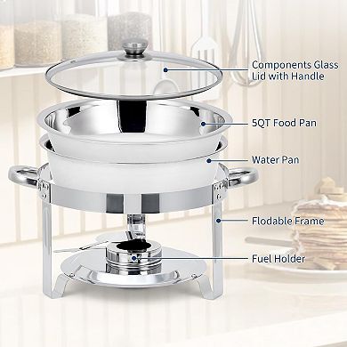 2-Piece Stainless Steel Round Chafing Dish Set with Glass Lid, Buffet Food Warmer Complete