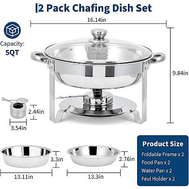 2-Piece Stainless Steel Round Chafing Dish Set with Glass Lid, Buffet Food Warmer Complete
