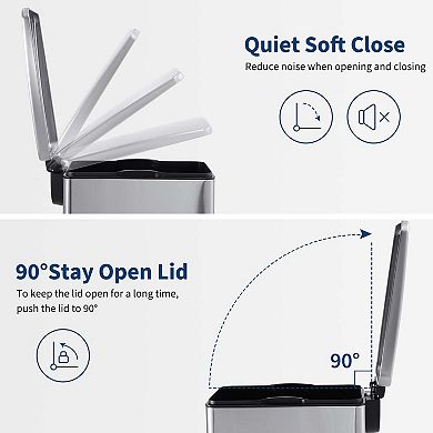 Stainless Steel Step Trash Can with Soft-Close Lid and Removable Inner Bucket, for Home Office