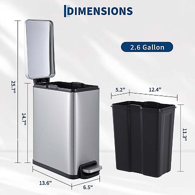 Stainless Steel Step Trash Can with Soft-Close Lid and Removable Inner Bucket, for Home Office