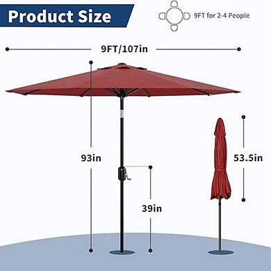 9' Outdoor Patio Umbrella - Table Umbrella 360 ° Adjustable Crank Lift Tilt Push Button
