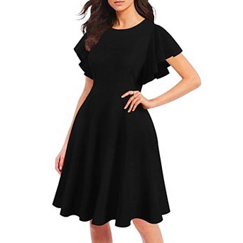 Womens Flare Sleeve Scope Neck Church Vintage Dresses Casual Party Cocktail Dresses With Pockets Ox3