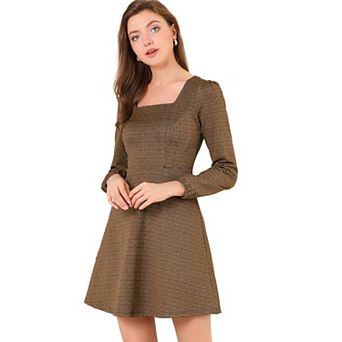 Women’s Brown-Gold Plaid Square Neck Fall Dress
