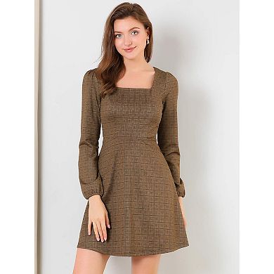Women’s Brown-Gold Plaid Square Neck Fall Dress