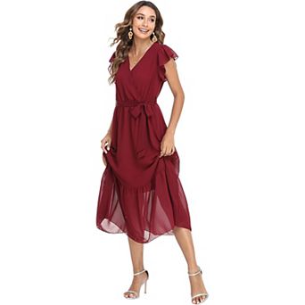 Women's Floral Ruffle Midi Dress with V-Neck for Summer