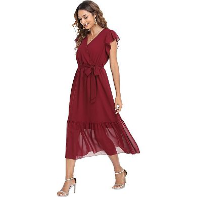 Women's Floral Ruffle Midi Dress with V-Neck for Summer
