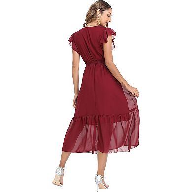 Women's Floral Ruffle Midi Dress with V-Neck for Summer