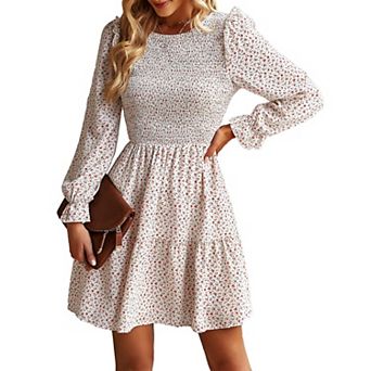 Womens Fall Floral Print Ruffle Long Sleeve Mini Dress Crewneck Smocked High Waist A Line Short Dres