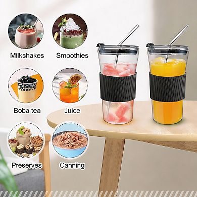 2 Pack 16 oz Glass Iced Coffee Tumbler with Straw & Sleeve