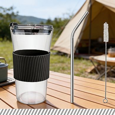 2 Pack 16 oz Glass Iced Coffee Tumbler with Straw & Sleeve